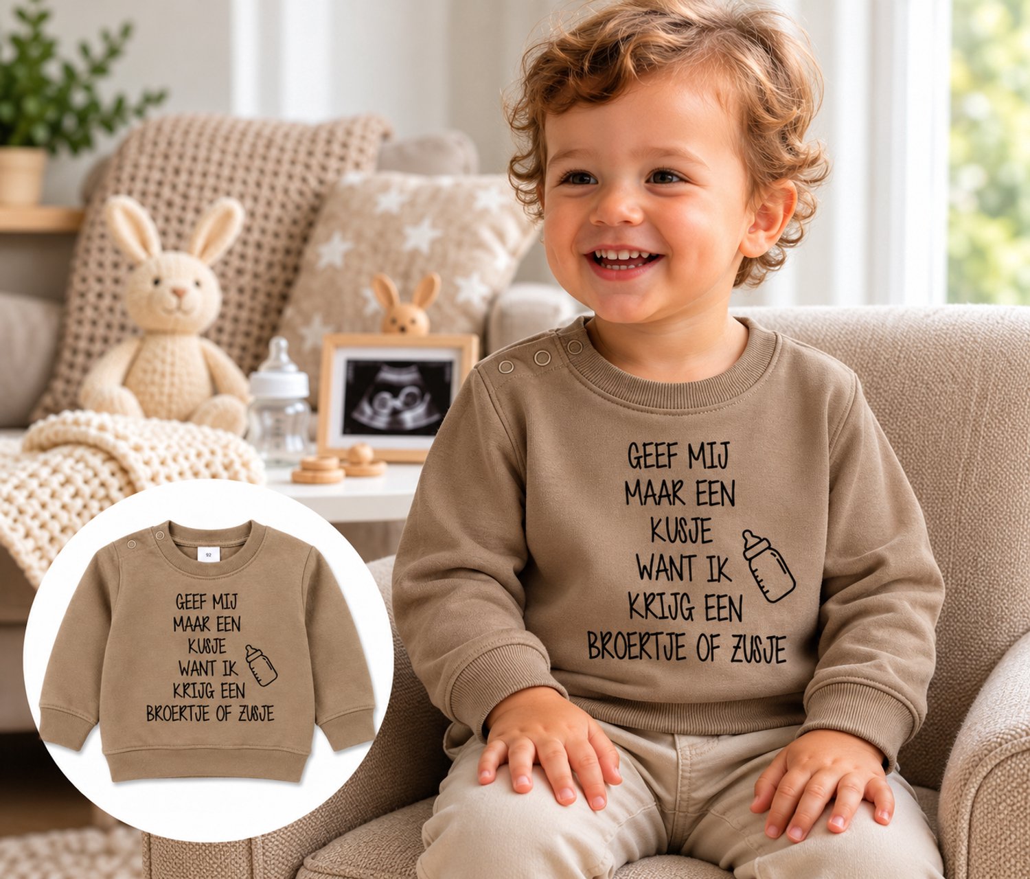 Shirt trui sweater tekst voor kind baby Aankondiging zwangerschap kusje broertje zusje Ik word grote zus / broer beige maat 104 zwanger geboorte cadeau zwangerschap aankondiging bekendmaking Baby big sis sister