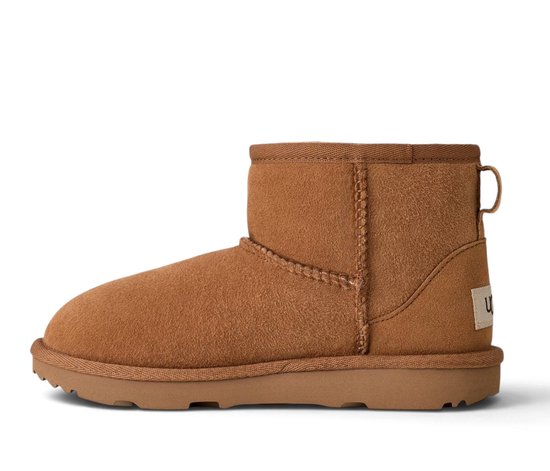 Linkerzijkant van een bruine suède laars met een UGG-label op de hiel.