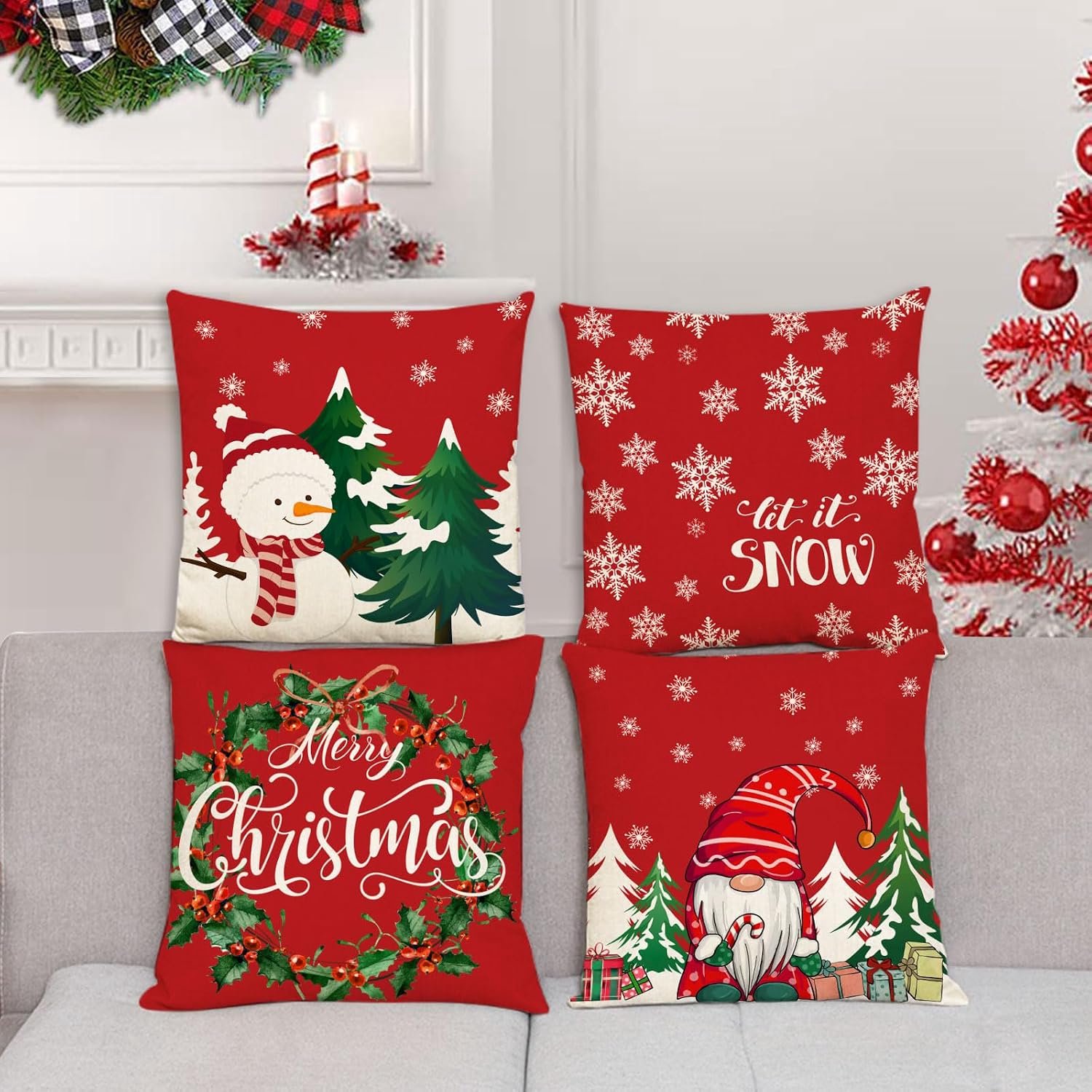 Set van 4 - Kerst kussensloop - Kussenhoes - Kerstkussenslopen - 45 x 45 cm - Kerst decoratie - Kussenhoesjes - Winter vakantie kerstdecoratie - Thuis bank kussen - Binnen decoraties - Voor decoratie Kerstmis, bank, slaapkamer - Linnen - Rood – foto 3