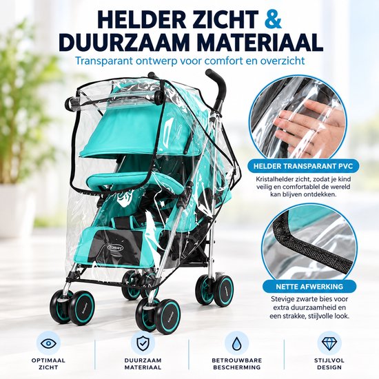 Regenhoes Kinderwagen Universeel - met Kijkvenster en Ventilatie - Waterdichte PEVA Buggyhoes - Opvouwbaar - Transparant — afbeelding 2