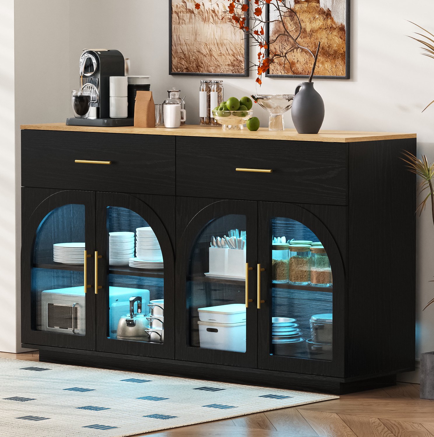 MIVRAY Keukenkast - LED Verlichting Met Werkblad - 2 Lades En 4 Deuren Voor Keuken En Eetkamer - MDF En Spaanplaat - 147x40x86 Cm - Zwart