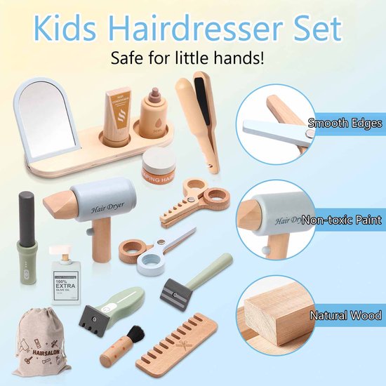 Houten kappersset Voor Kinderen - Kappersspeelgoed Voor Meisjes Met Föhn, Kam en Spiegel - Rollenspel Kapsalon — afbeelding 2