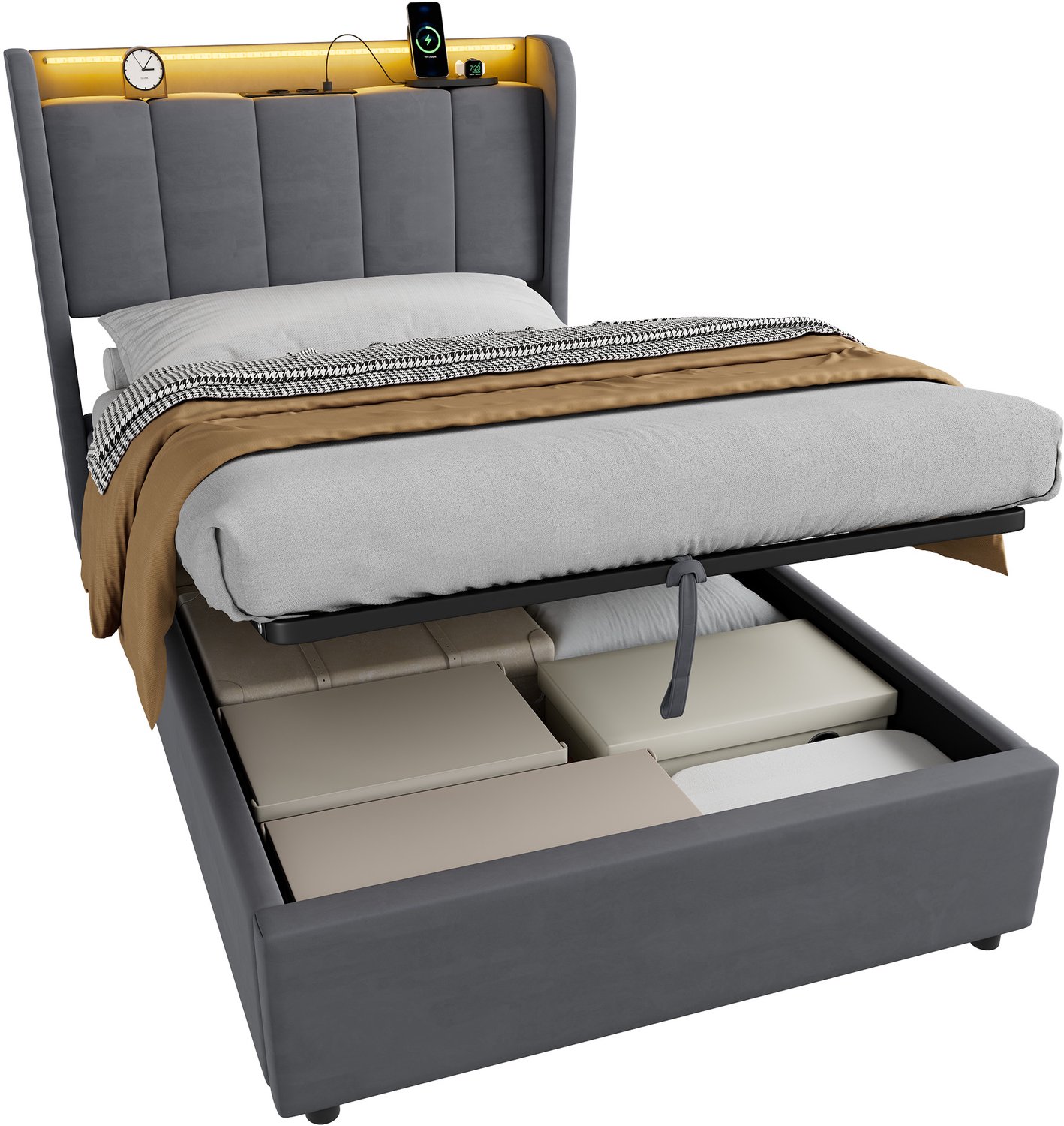 MODENUIT Gestoffeerd opbergbed 90x200cm – Hydraulisch bed met lamp en oplaadpunt – Zonder matras – Donkergrijs