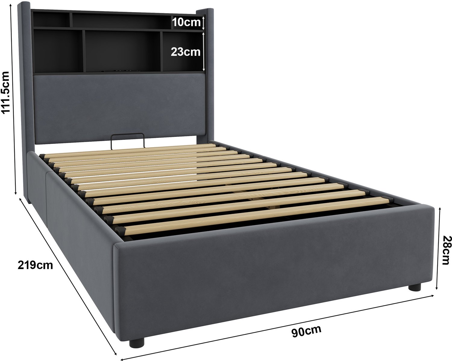 MODENUIT Bed 90x200 cm – Led- en Oplaadfunctie – Hydraulische Opbergruimte – Fluweel – Zonder matras – Donkergrijs