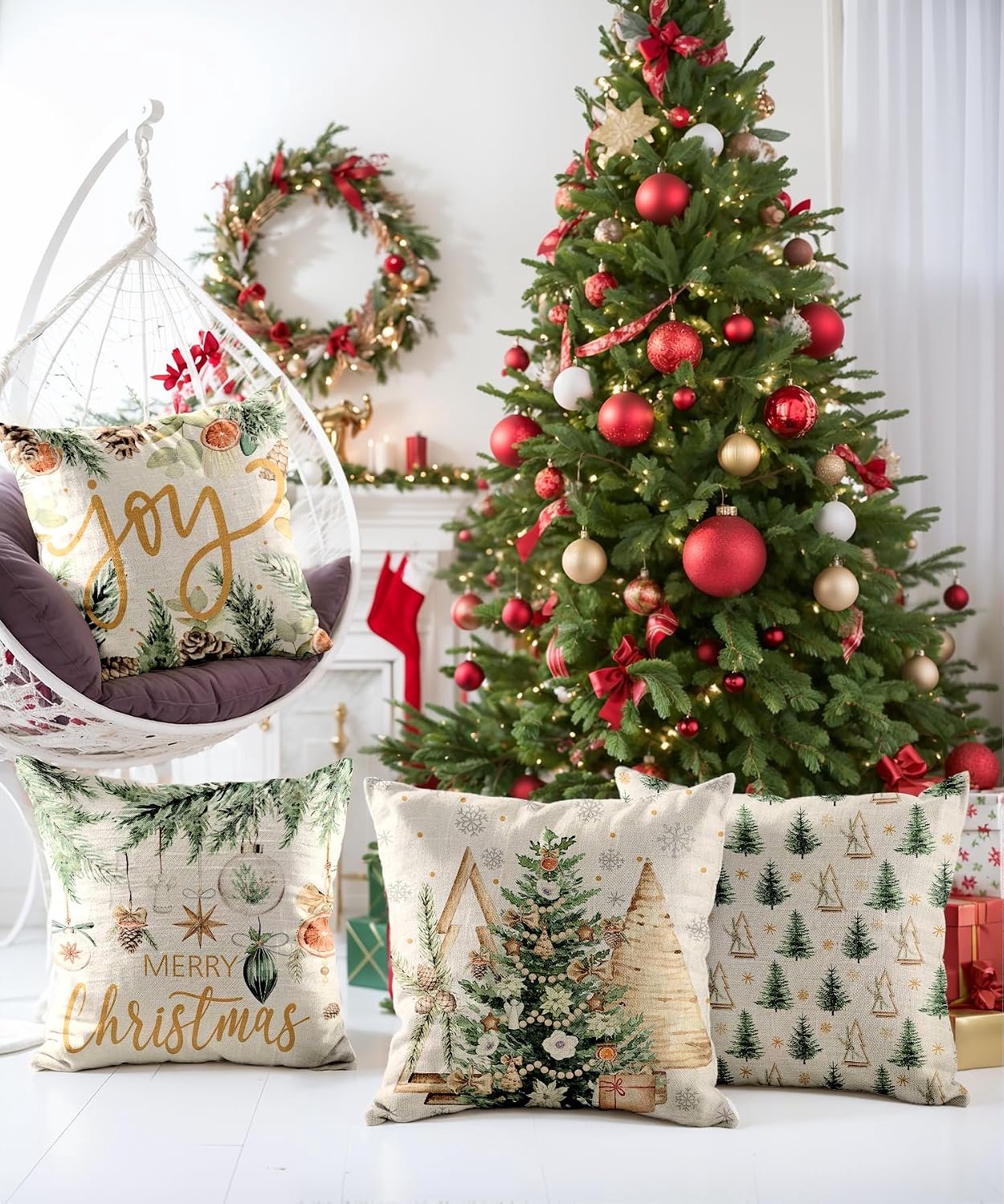 Set van 4 - Kerst kussensloop - Kussenhoes - Kerstkussenslopen - 45 x 45 cm - Kerst decoratie - Kussenhoesjes - Winter vakantie kerstdecoratie - Thuis bank kussen - Binnen decoraties - Voor decoratie Kerstmis, bank, slaapkamer - Polyester - Beige – foto 3
