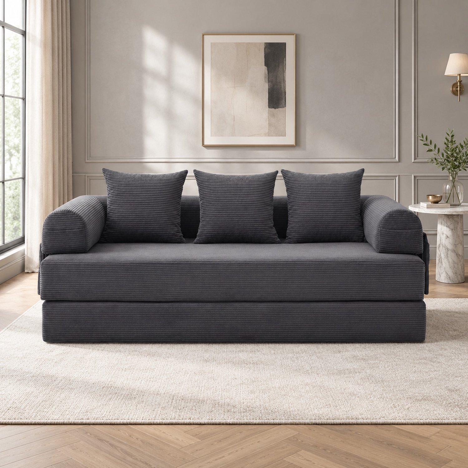 WUVRIE 3-zits slaapbank 200x94x67 cm - Uitklapbaar met zijvak en 3 kussens - Donkergrijs