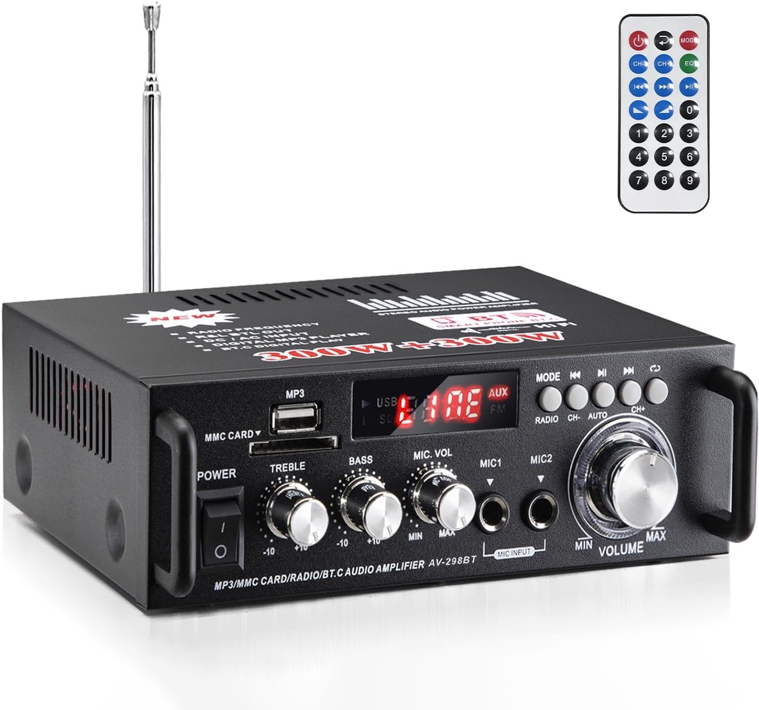 Versterker met Bluetooth - Eindversterker Hifi - AV-298BT - 5 Verbindingsmethoden - 300W×2 - 18x14x5.5cm