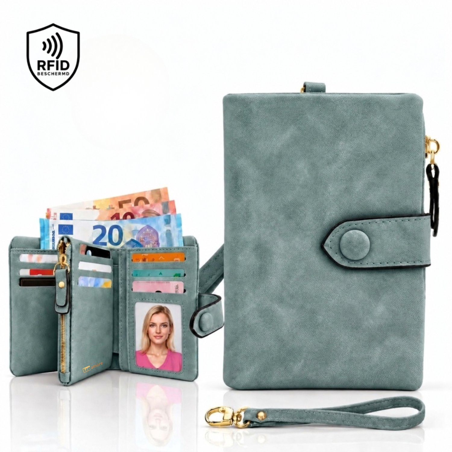 Luxamore® Dames Portemonnee – Portemonnee Dames Klein – Portefeuille Dames – Veel Vakken – Rits Portemonnee – RFID Beschermd – Saliegroen – Creditcardhouder – Cadeau voor Vrouwen