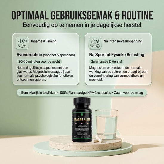 Zwarte pot Primal Wolf Magnesium Bisglycinaat, met tekst over avondroutine, sport, en inname met water. 60 plantaardige capsules.