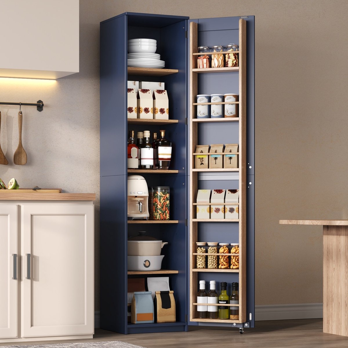 REDOM - Hoge opbergkast - Verstelbare legplanken - Deurvakken - Kantelbeveiliging - Moderne stijl - MDF - Blauw - 40 x 40 x 183 cm