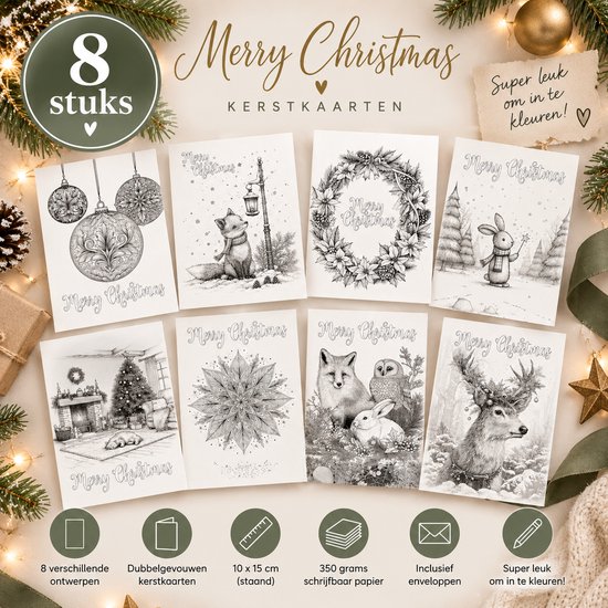 Set van 8 blanco kerstkaarten om in te kleuren, met diverse winterse en kersttaferelen, zoals een vos, kerstman, kerstboom en rendier.