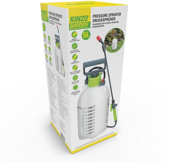 Kinzo Drukspuit 5L - Plantenspuit met Buigzame Slang - Incl. Draagriem - Hogedrukspuit - Besproeit Bloemen en Planten - Polypropyleen - Wit/Groen — afbeelding 3