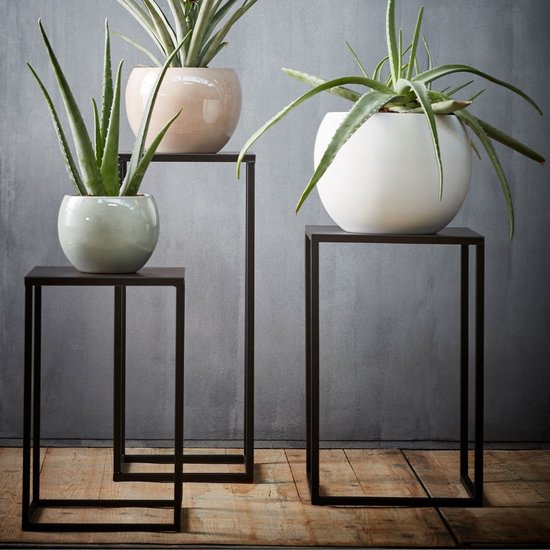 Drie zwarte metalen plantenstandaards met planten in potten.