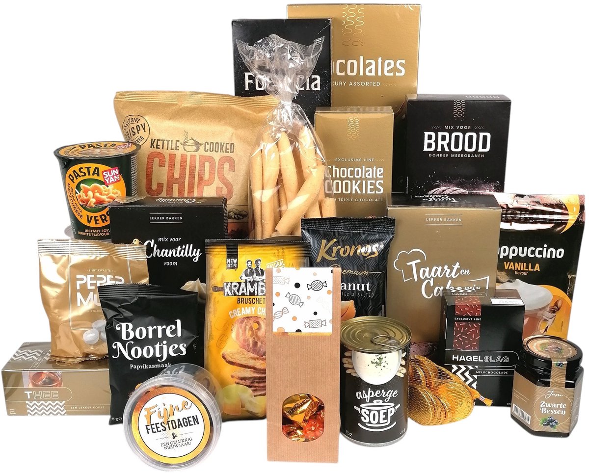 Kerstpakket "De Baron" - Chique Zwart Goud Kerstpakket - Complete Geschenkdoos met Borrelhapjes, Broodmix, Toffees & Cappuccino - Luxe Kerstcadeau Personeel & Relaties - 21-Delig Eindejaarscadeau
