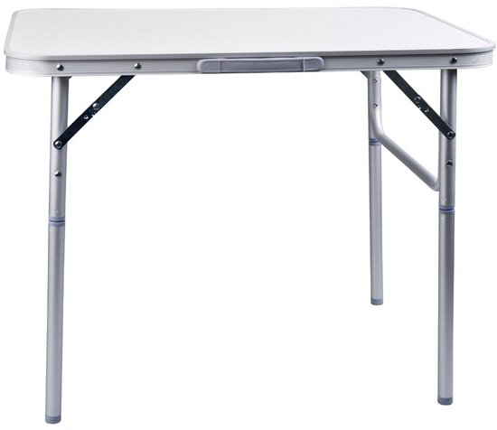 Kleine opvouwbare campingtafel met zilverkleurig tafelblad.
