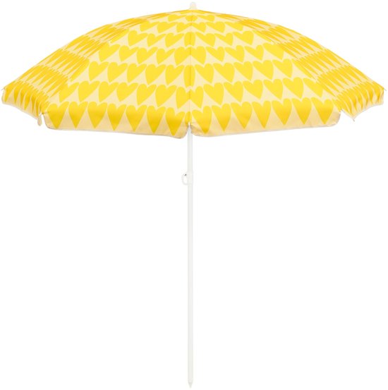 Een open, gele parasol met een patroon van hartjes, met een witte stang, op een witte achtergrond.
