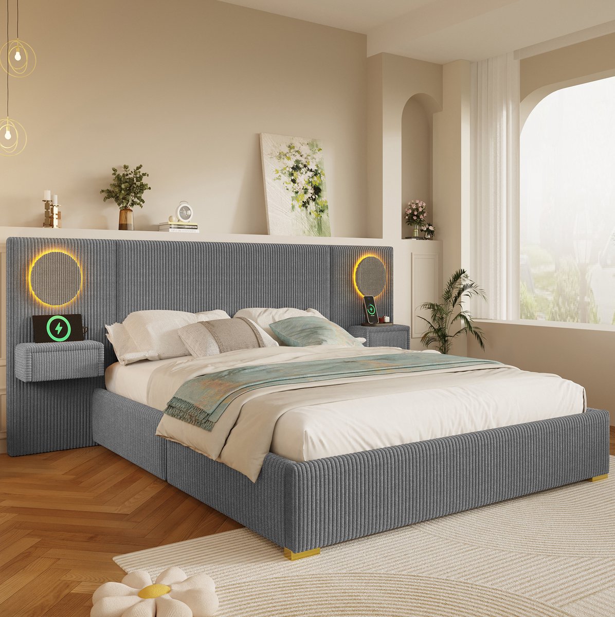 REDOM - Gestoffeerd tweepersoonsbed - LED hoofdbord - USB aansluitingen - Nachtkastjes met lades - Fluweel en MDF - Grijs - 180 x 200 cm