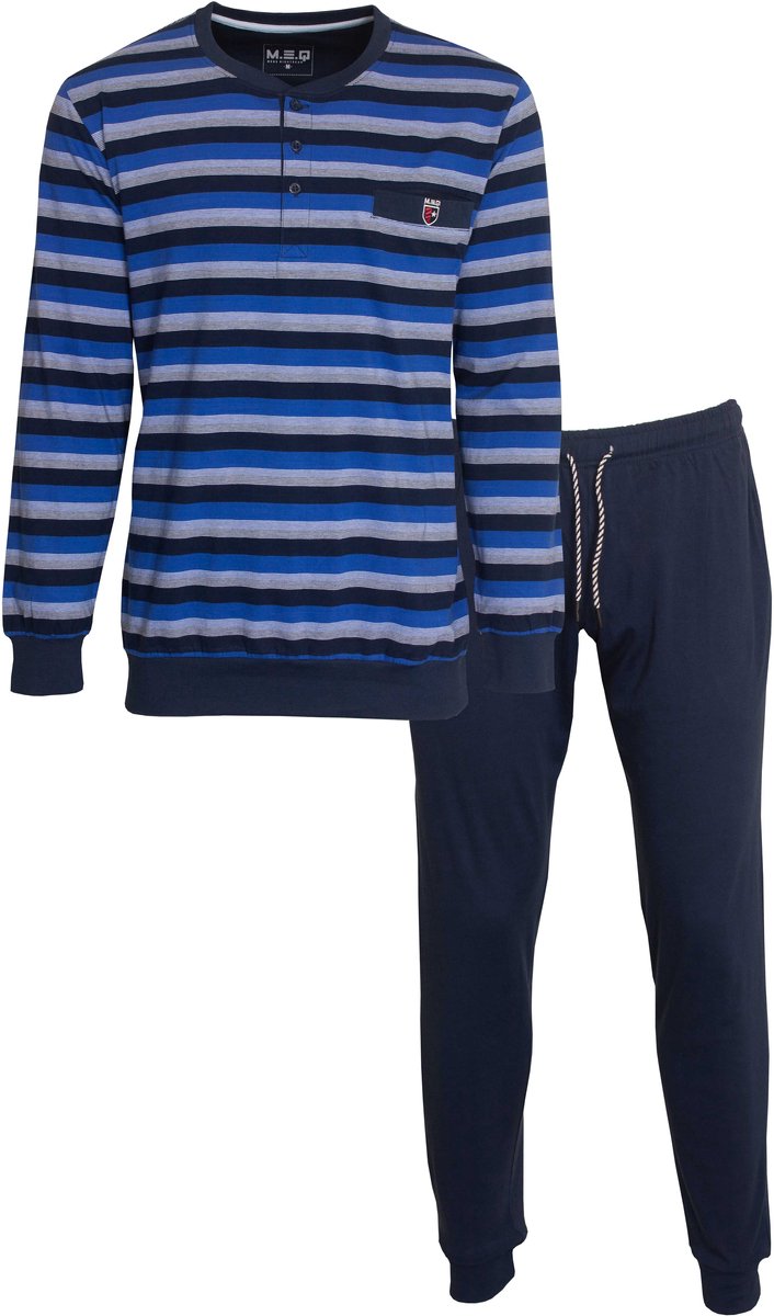 MEQ Heren Pyjama - 100% Katoen - Polo Sluiting - Donkerblauw - Maat M