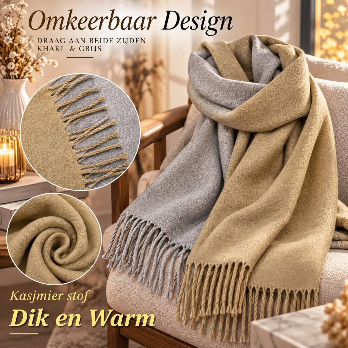 Lano&Go Omkeerbare Sjaal voor Dames - Lange Winterse Sjaal met Kwastjes - Camel/Grijs Kashmir Gevoel