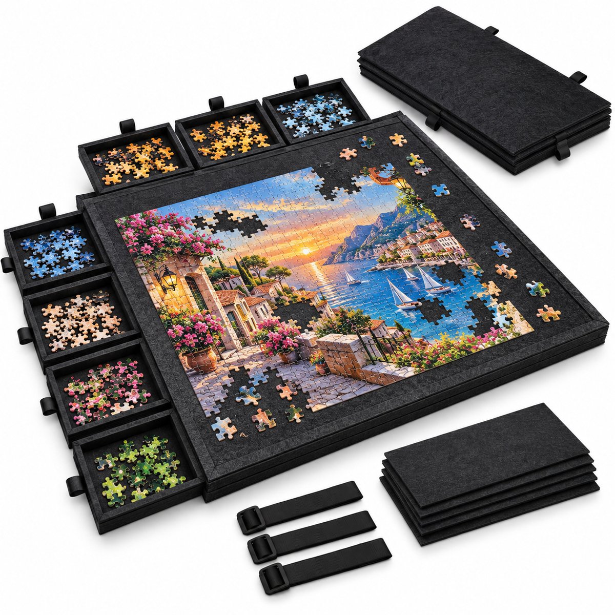 Currero Puzzeltafel Met Lades 1000 Stukjes - Puzzelbord - Puzzelmat - Opbergsysteem - Vilt - Met Deksel - Legpuzzel Accessoires - 1000 Pcs Zwart