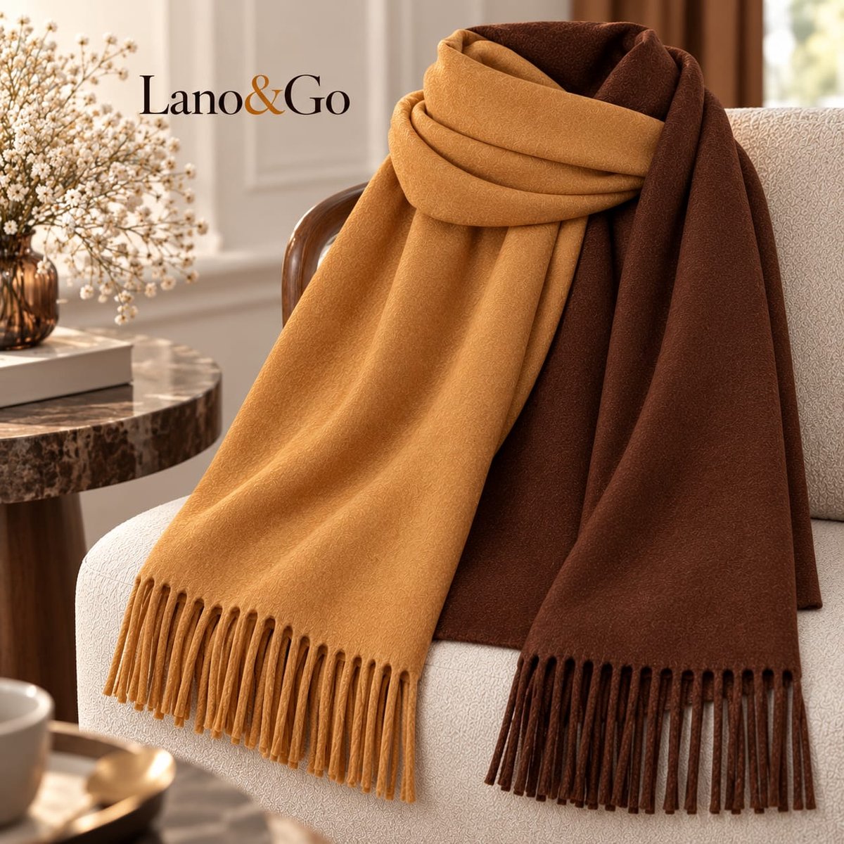 Lano&Go Wintersjaal voor dames, omkeerbare kasjmier sjaal met kwastjes, lang en warm, geschikt als schouderdoek
