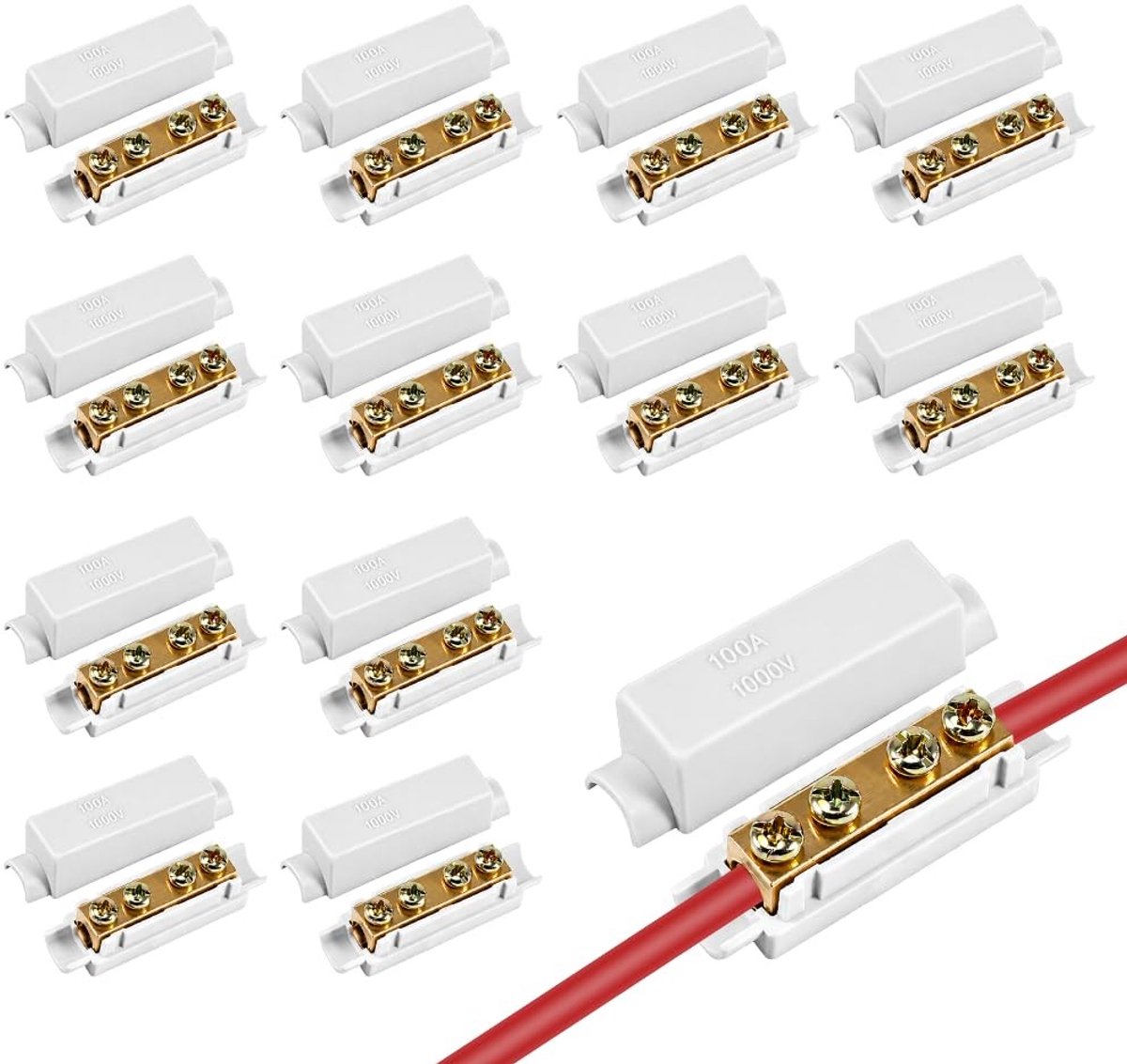 Set van 12 hoogwaardige messing draadverbindingen, 100A, 1000V, kabelconnectoren voor terminalblokken, geschikt voor 2.5-25 mm², duurzame ABS-behuizing en klemframe