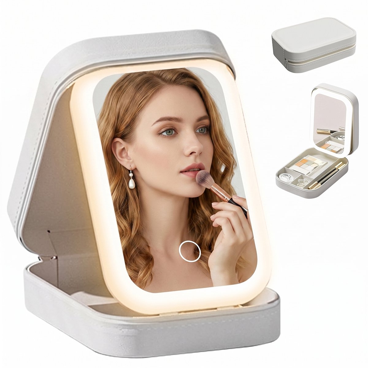 Make up tasje -Make up spiegel - TENZHVXI® - Met LED-verlichting en spiegel - Draagbaar - Leer - Waterdicht - Gemakkelijk mee te nemen op reis - USB-oplaadbaar - 1200 mAh - Driekleurig licht - 16,5*11,5*3,5 cm - Wit