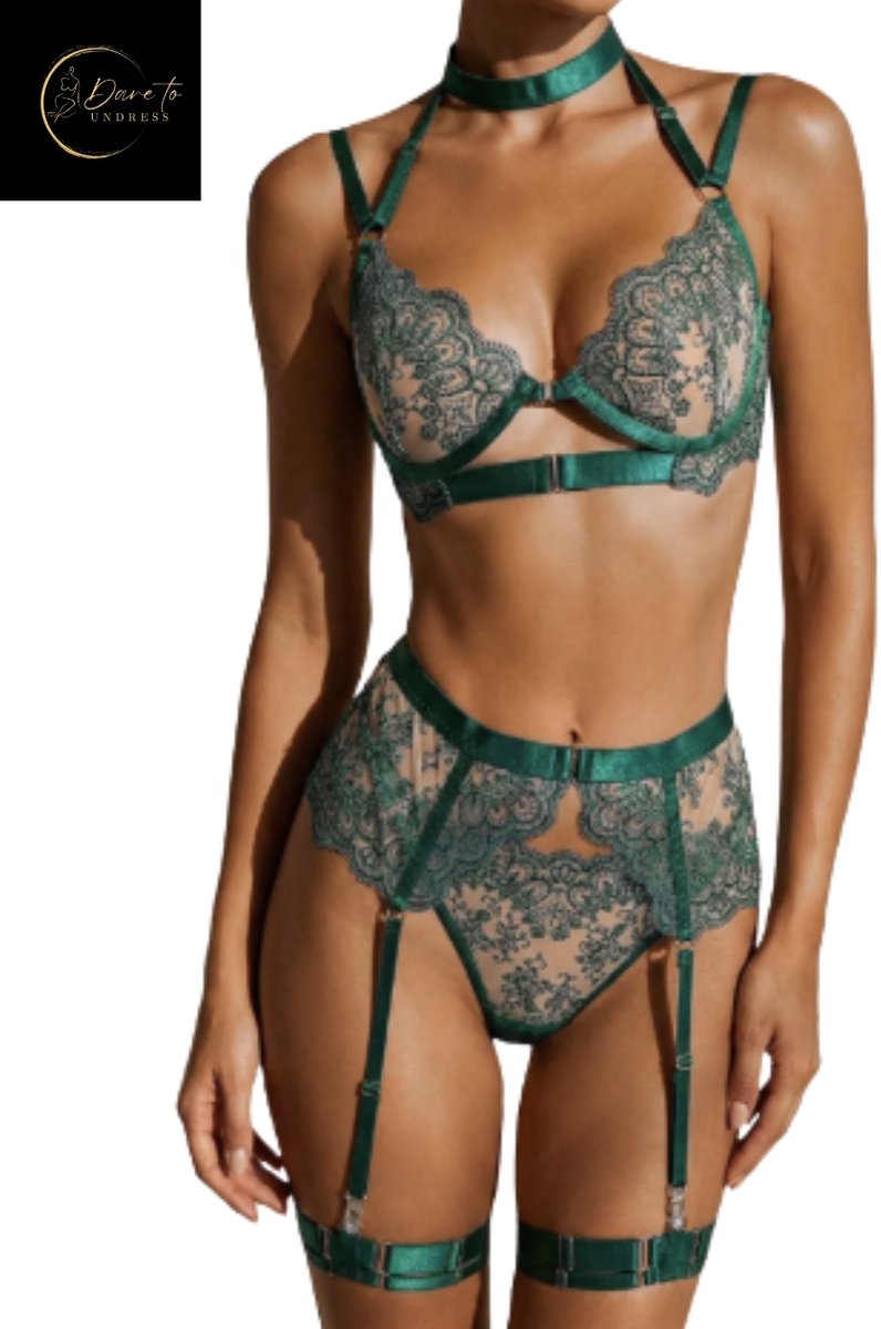 Luxe Lingerieset Dames – Lingerie Erotisch – Sexy Lingerie – 4-delige set – Smaragd Groen Kant – Lingerie Setje – Verleidelijke BH met Jarretels & Hoge Taille String –Sexy Lingerie –Chique – Luxe –Boudoir Look – Kinky – Erotisch – Maat XS/S, M, L, XL