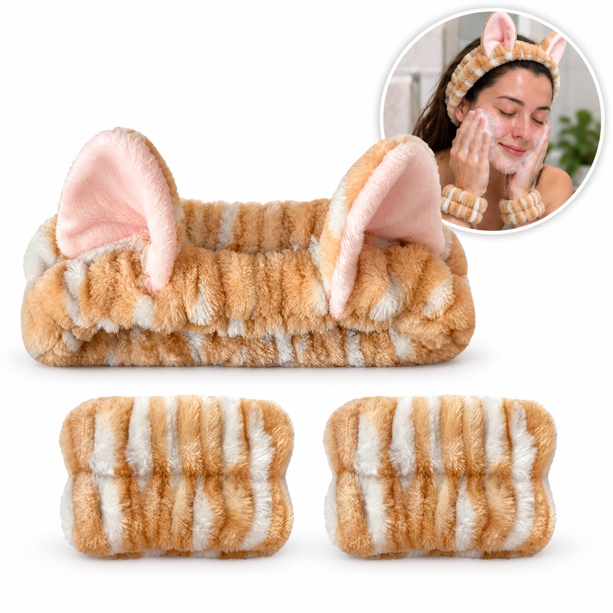 Make-up Haarband en 2 Absorberende Polsbandjes - Kat Oranje – Skincare Set voor Gezichtsreiniging – Cosplay - Carnaval Verkleedaccessoire