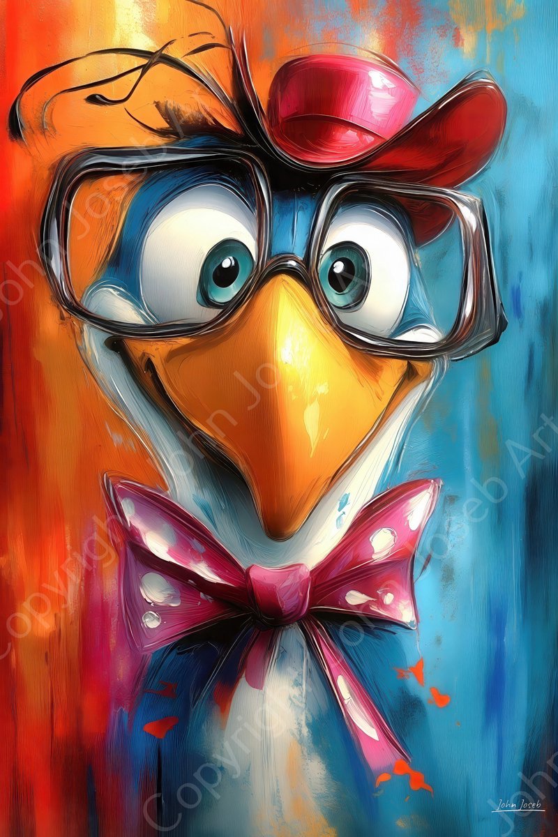 John Joseb Art (Glas) 120x80 | Grappige vogel met hoed, strik en bril, humor, abstract, kleurrijk, felle kleuren, dier, kunst, blauw, geel, rood, wit, modern | Foto-schilderij-glasschilderij-acrylglas-acrylaat-wanddecoratie