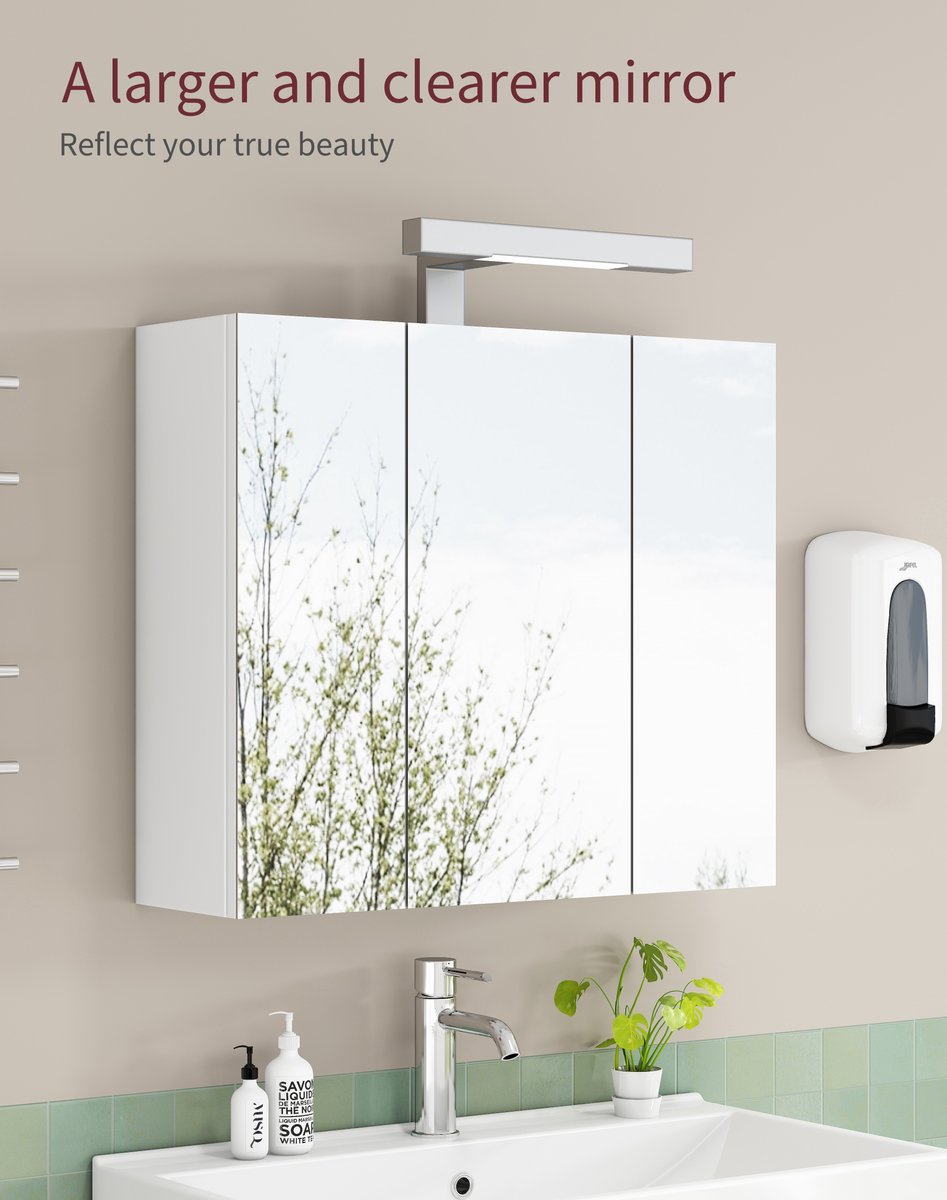 Spiegelkast – 60 Cm – 3 Deuren Met Ledverlichting En Frans Stopcontact – Mdf En Glas – Wit – Wandmontage
