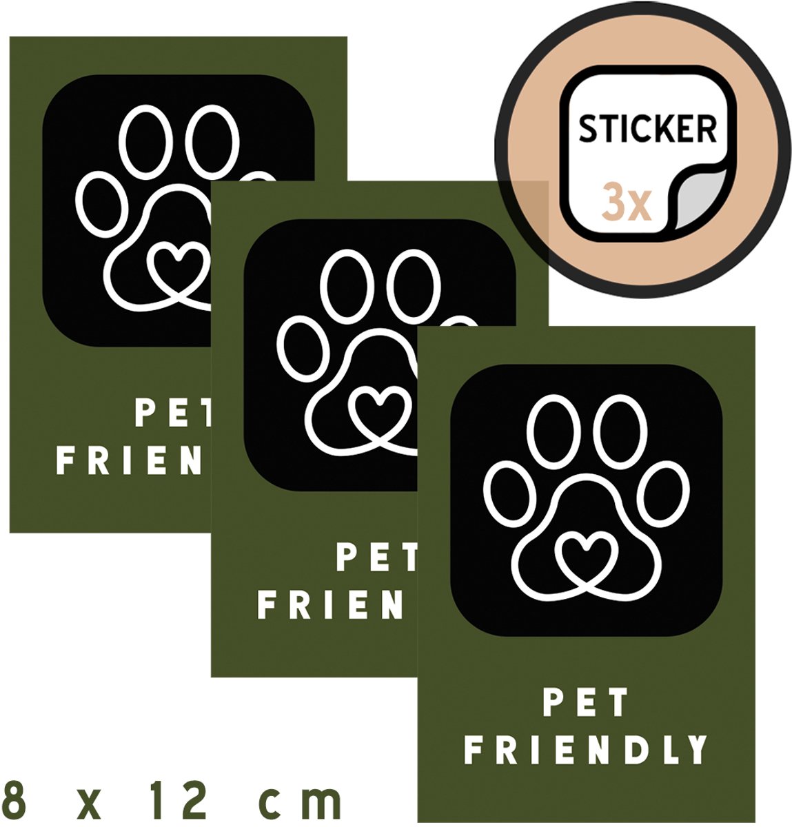 Deurstickers (3x) | "Pet friendly" | 8 x 12 cm | Engelstalig | Groen | Huisdieren | Dieren | Honden welkom | Sticker | Diervriendelijk | Zelfklever | Winkel | 3 stuks