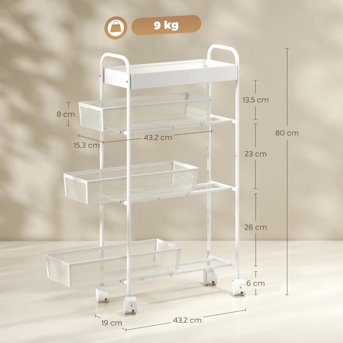 Keukenkar 43,2x19x80 cm Wit Metaal Opbergkar Opbergrek Met 3 lade-manden Makkelijk te verplaatsen Praktisch en mooi Makkelijk schoon te maken Te gebruiken in de keuken, de woonkamer en de badkamer