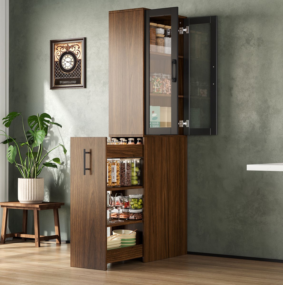REDOM - Keukenkast - Glazen deuren - Uittrekbare voorraadwagen met 4 legplanken - MDF - Zwart en naturel - 60 x 30 x 180 cm