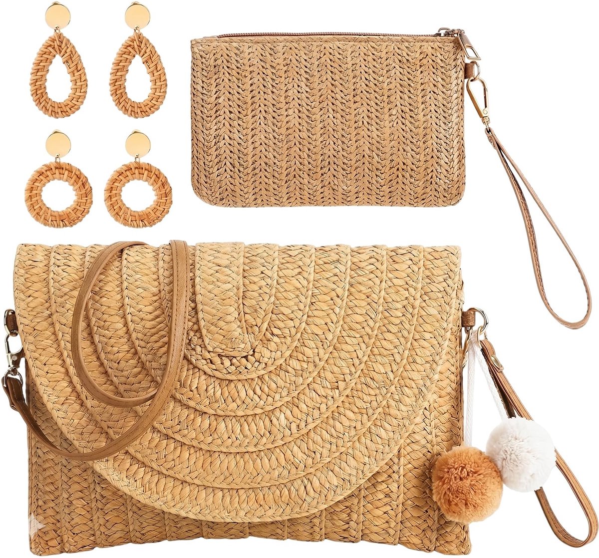 Elzusha - Straw Bag Set voor Vrouwen - Gevlochten Strandtas met Clutch en Oorbellen