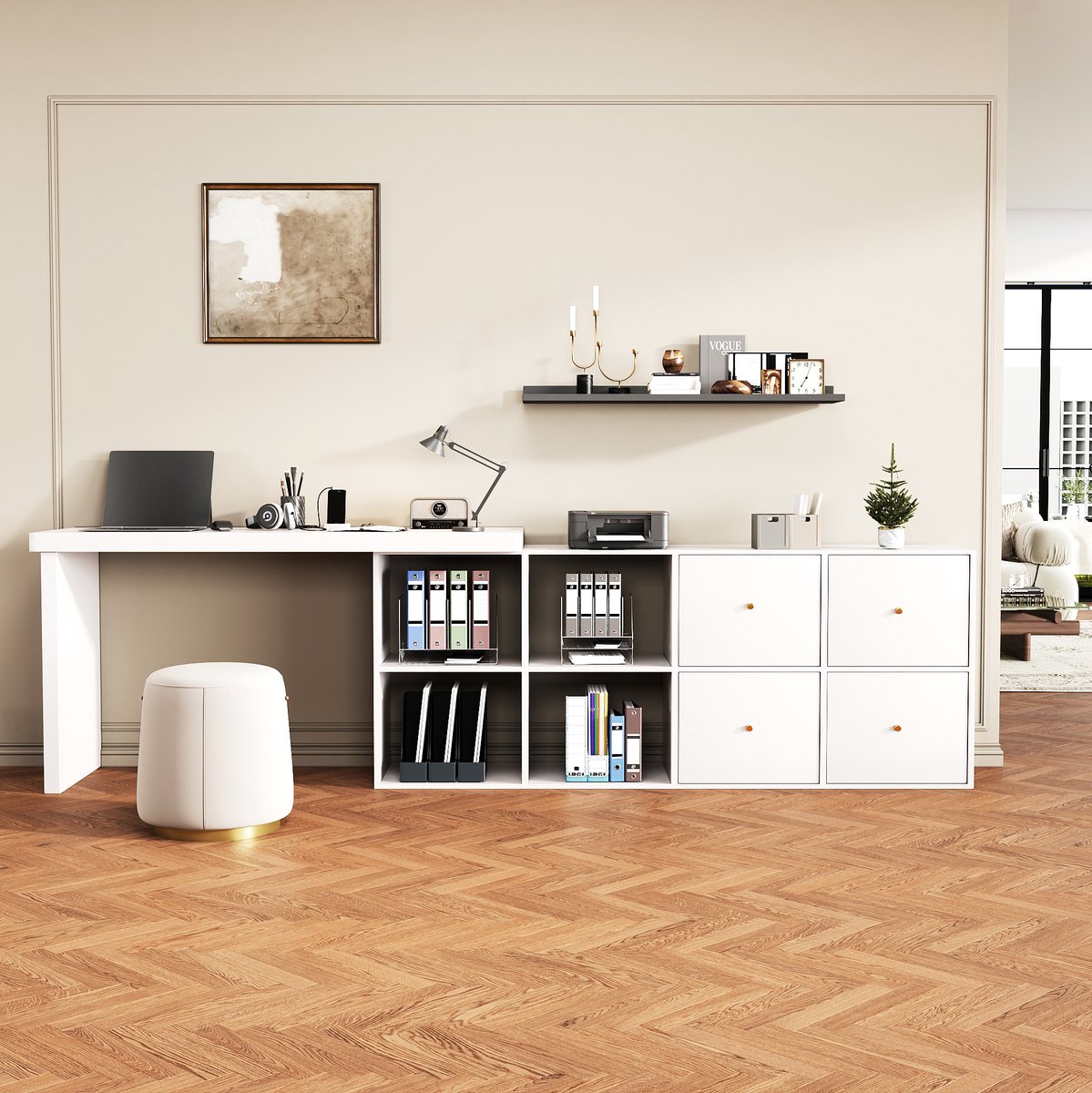 DESMIU Bureau - 360° Draaibaar L-Vormig Hoekbureau - Flexibel Voor Kantoor En Thuiswerk - MDF - Wit - 120x48x78 En 140x35x74 Cm
