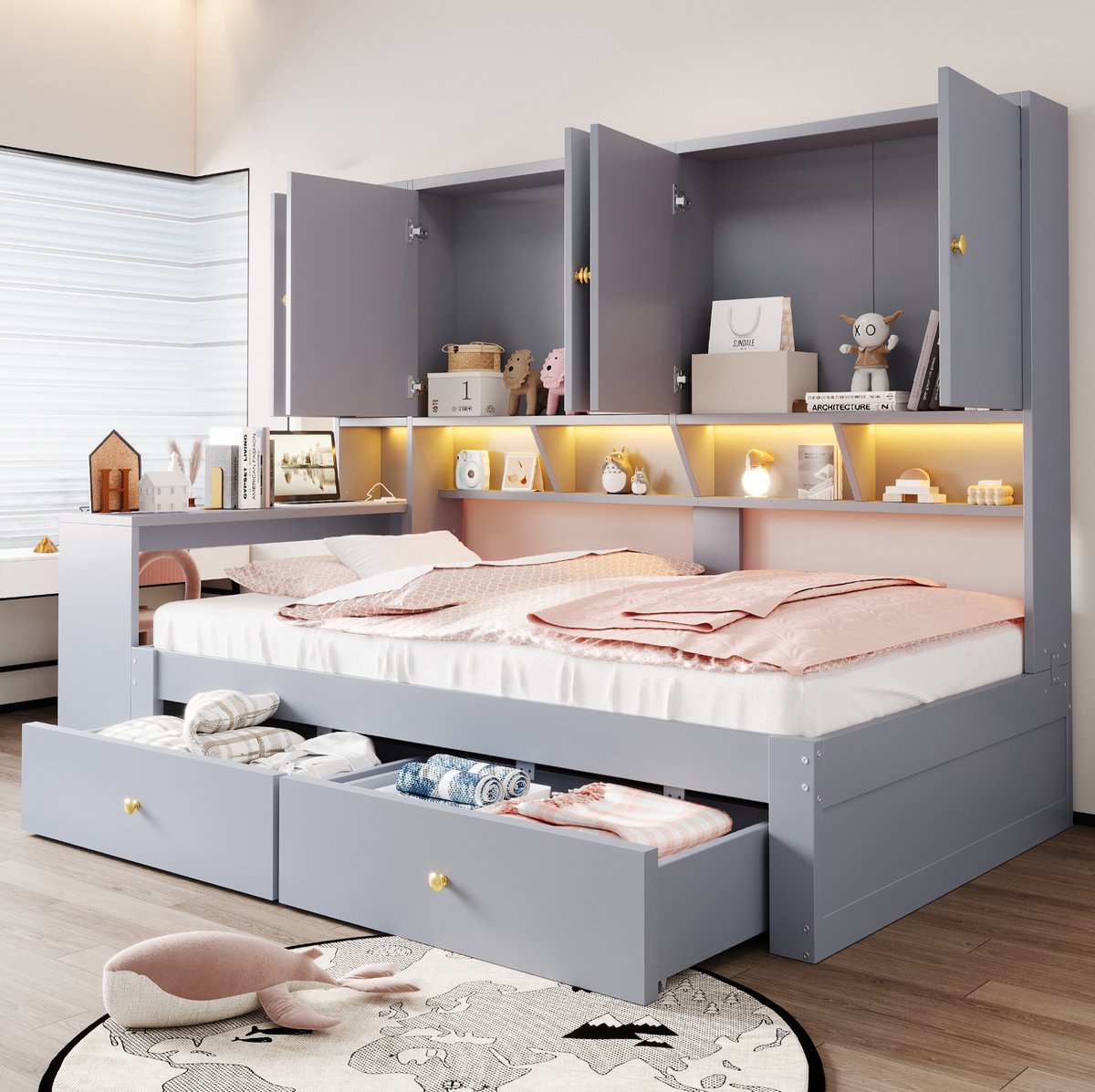 STILVORA Eenpersoonsbed 90 x 200 cm met Bureau en Opbergruimte – LED Verlichting, Stopcontact, Twee Lades en Lattenbodem – MDF – Grijs – Zonder Matras