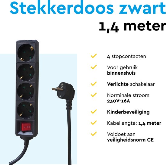 Zwarte stekkerdoos met 4 stopcontacten, 1,4 meter kabel en verlichte schakelaar.