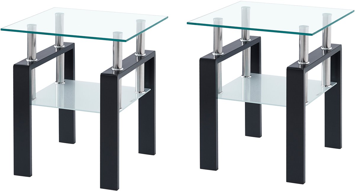 DESMIU Bijzettafels - Set van 2 met Gehard Glas en Onderplank - voor Woonkamer en Kantoor - Transparant met Zwarte Poten - 45x45x52 Cm