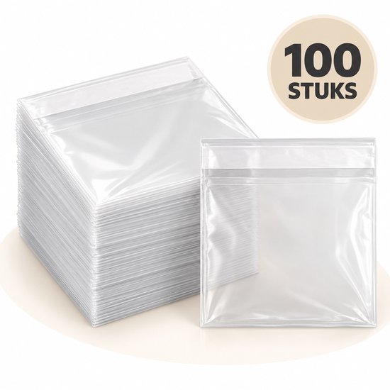 Stapel van 100 transparante plastic zakjes met plakstrip, 17x17 cm.