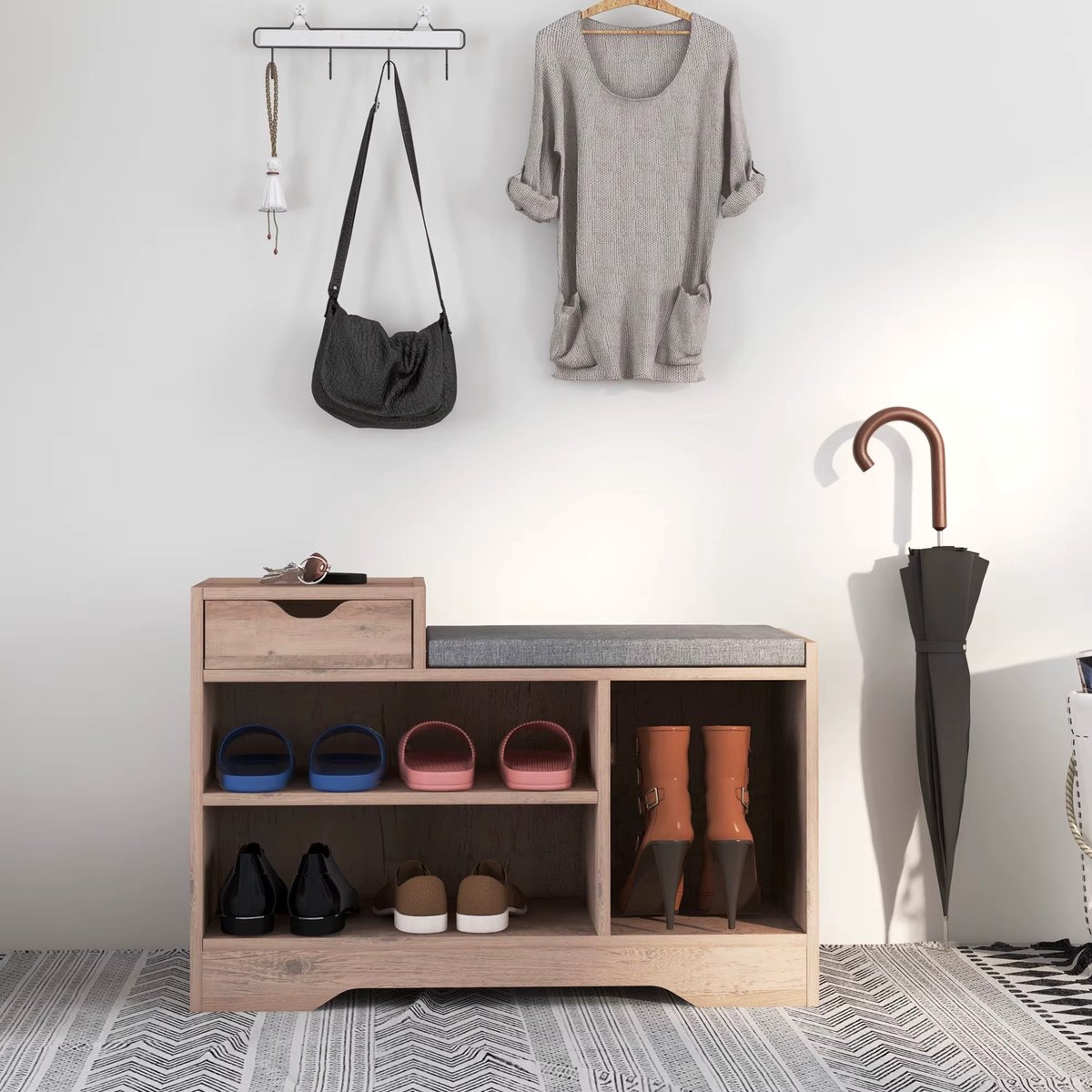 CreateEcom schoenenrek - schoenenkast - schoenenbank - opbergbank - lade 1 en 3 vakken - entreemeubel met gewatteerd kussen - voor gang, entree, slaapkamer - 76,5x30x52 cm - Bruin