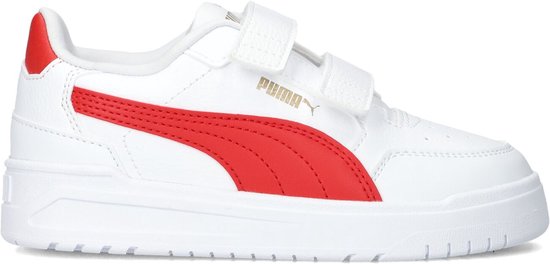 Baskets blanches Puma avec bande rouge et logo Puma doré. Fermeture auto-agrippante.