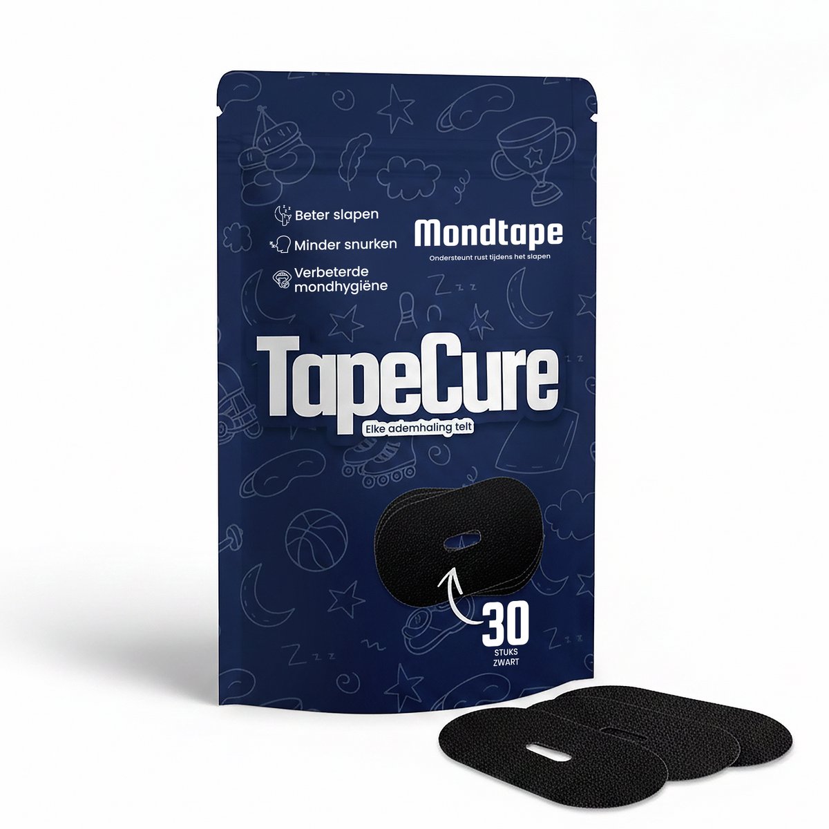TapeCure Mondtape - Mouth Tape - Anti Snurk Mondpleisters - 30 Stuks - Hypoallergeen - Huidvriendelijk & Veilig Ademgaatje - Zwart
