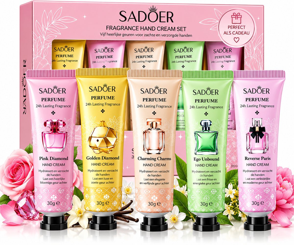SADOER Handcrème Set 5 Stuks | Geparfumeerde Handcrème | 5 Geuren | 30g per Tube | Handcrème Dames | Hydraterende Handcrème | Handverzorging | Geschenkset | Handcrème Cadeau | Golden Diamond | Pink Diamond | 150 G | 5x Stuks