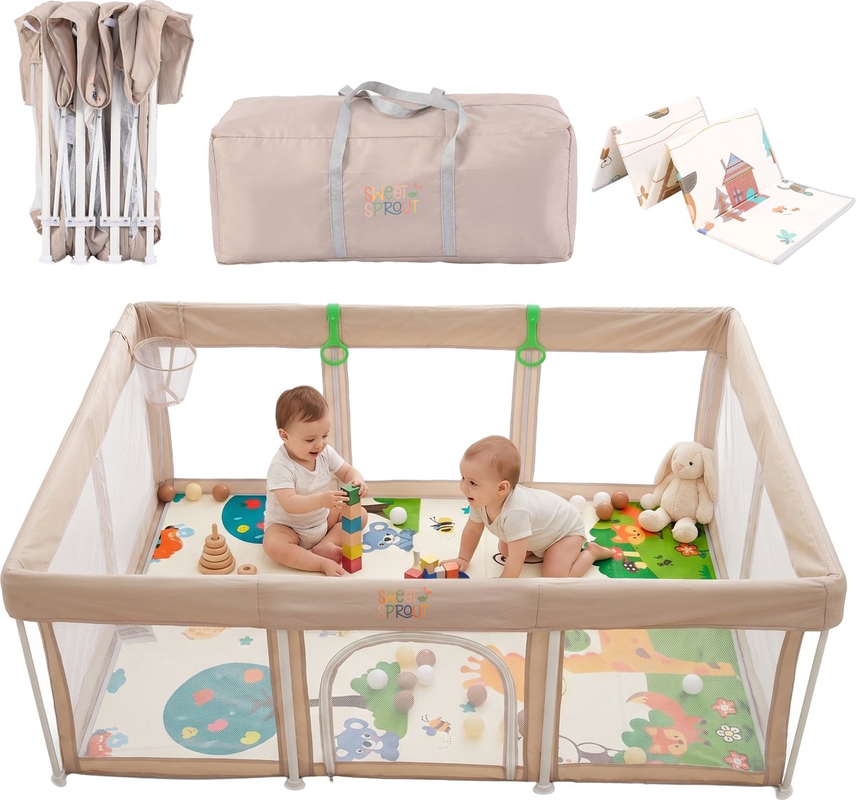 Sweet Sprout Grondbox Inklapbaar - 180x120x66cm - Voor kinderen - Inclusief speelmat foam - Babygym - Playpen - Baby box - Baby bed - Babynestje - Kruipbox - Speelbox - Speelgoed jongens & meisjes 1, 2, 3 jaar - Beige – foto 3