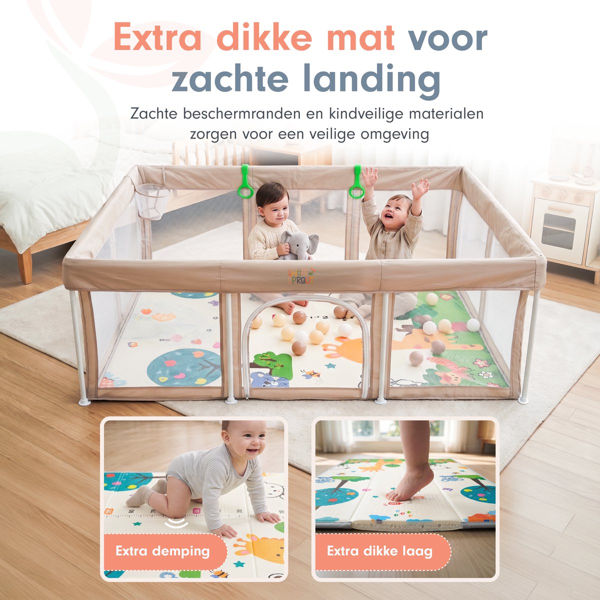Sweet Sprout Grondbox Inklapbaar - 180x120x66cm - Voor kinderen - Inclusief speelmat foam - Babygym - Playpen - Baby box - Baby bed - Babynestje - Kruipbox - Speelbox - Speelgoed jongens & meisjes 1, 2, 3 jaar - Beige – foto 2