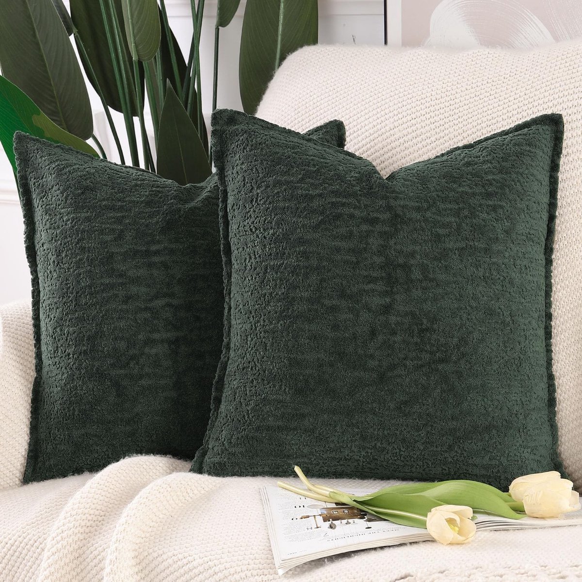Elzusha - Set van 2 Kussenslopen - Zacht Chenille en Velvet - Donkergroen
