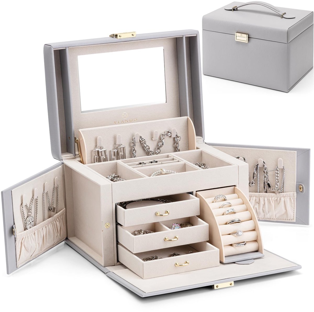 Elzusha - Sieradenbox Organizer - Grote Barok met Spiegel - Grijs