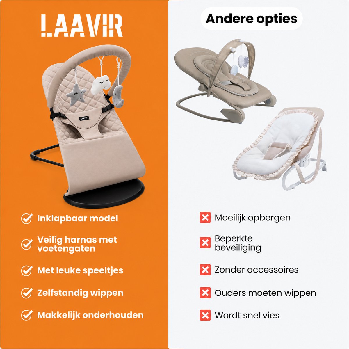 Laavir® Baby Wipstoel Beige | Extra Compact Opvouwbaar | Verstelbare Rugleuning | Inclusief Speelboog met Speeltjes | Inklapbaar & Draagbaar | Veiligheidsgordel | Vanaf 0 Maanden – foto 4