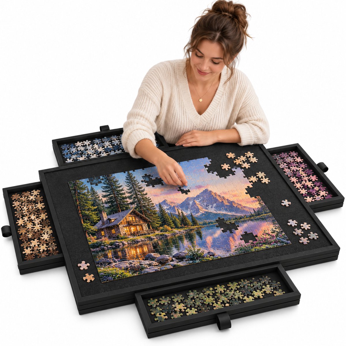 Currero Puzzeltafel Met Lades 1000 Stukjes - Puzzelbord - Puzzelmat - Opbergsysteem - Vilt - Met Deksel - Legpuzzel Accessoires - 1000 Pcs Zwart